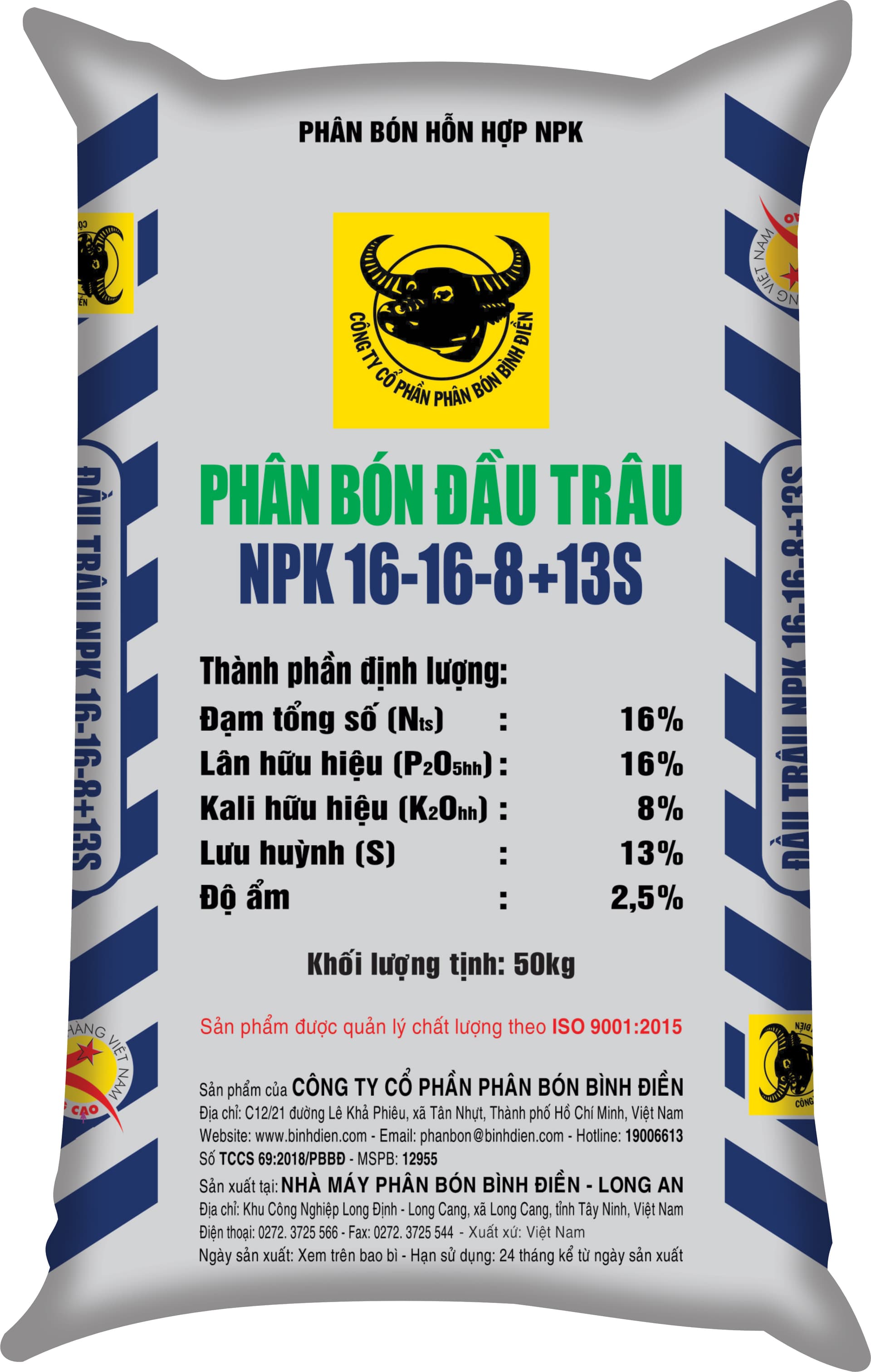 NPK ĐẦU TRÂU 16-16-8+13S sọc xanh