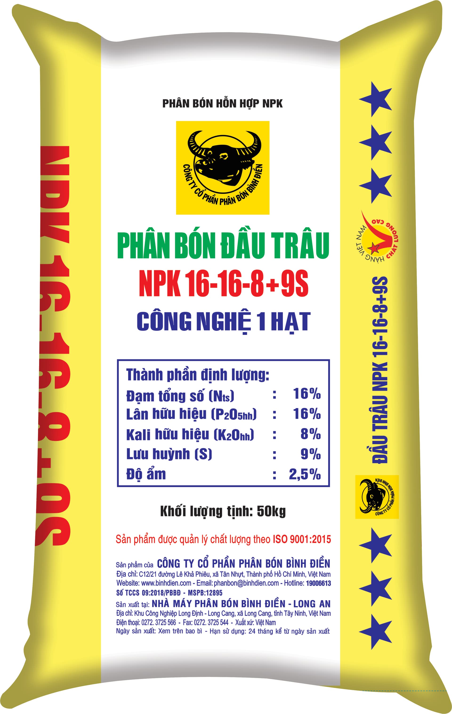 NPK ĐẦU TRÂU 16-16-8-9S một hạt