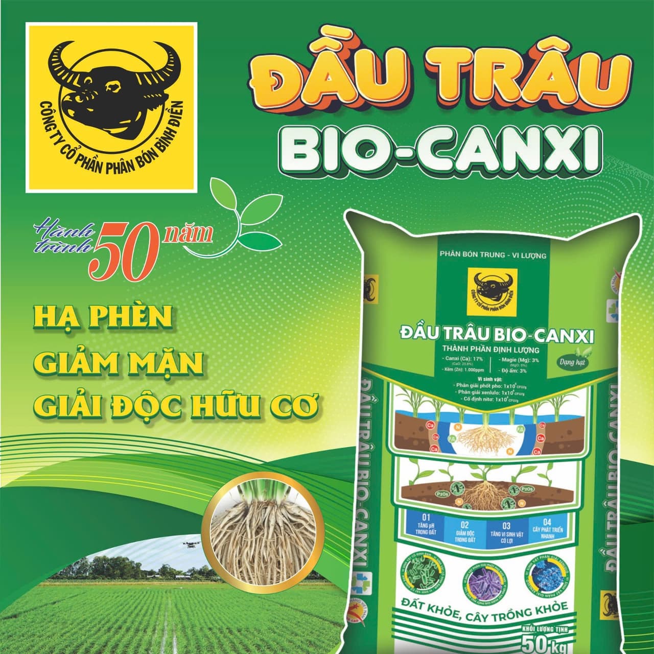 Phân bón Đầu Trâu Bio-Canxi giúp nhà nông cải tạo đất và tăng năng suất lúa